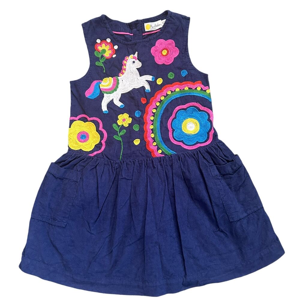 Mini Boden cord jumper dress unicorn rainbow floral embroidery navy blue 6 7